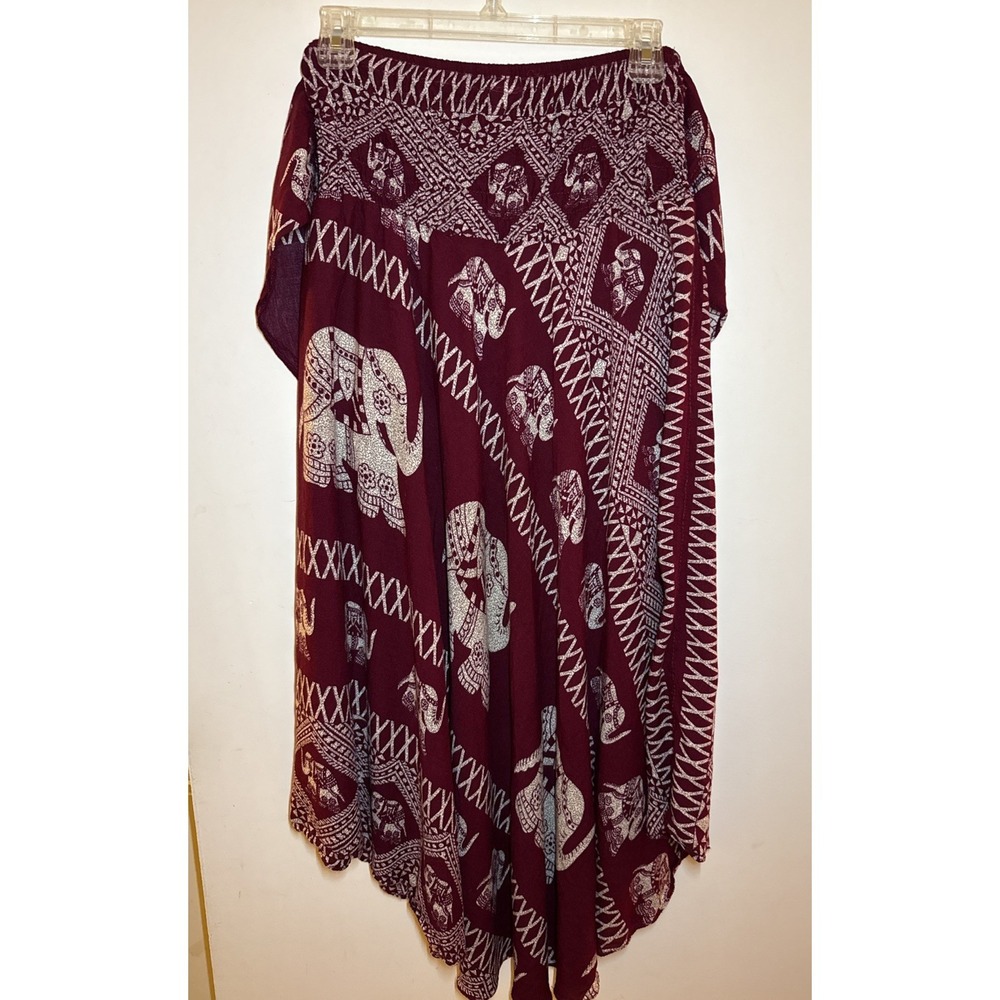 Bangkok Pants Skirt Dress Convertible  Elephant Pattern Maroon White